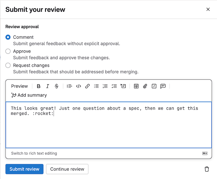 Finish review with comment