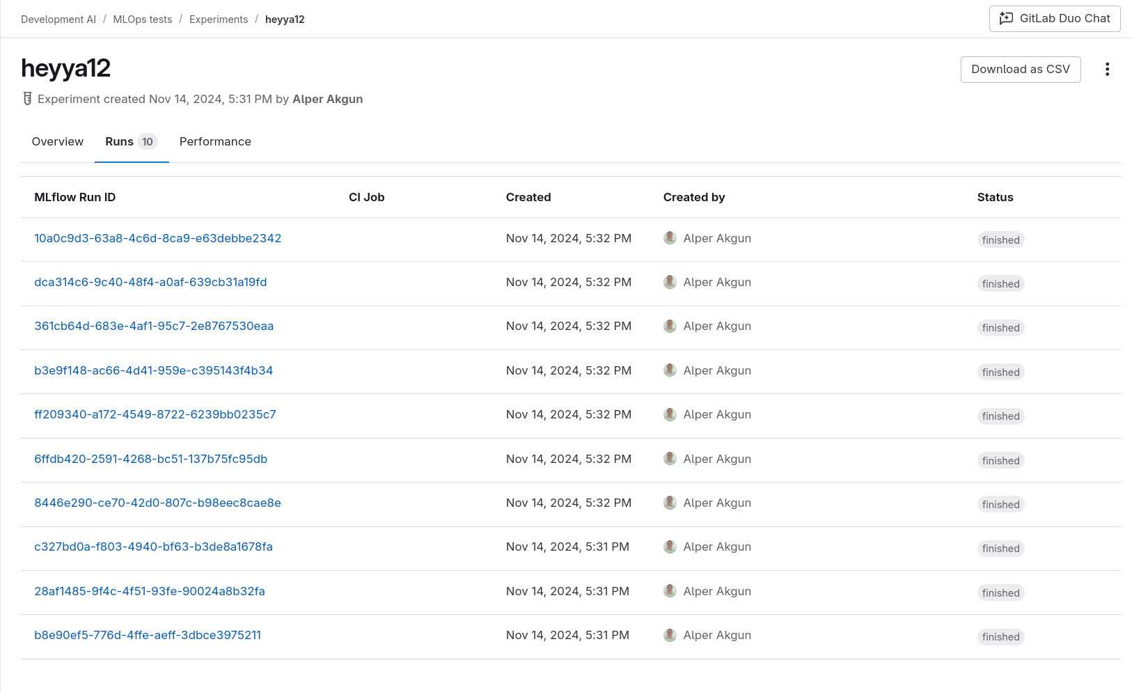 Experiment run list table with run ID, creation timestamps, creator name, and status.